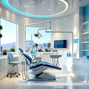 A professional and aesthetically pleasing dental clinic interior in Dana Point California featuring a modern design with clean white surfaces soft natural lighting and subtle blue accents The space should feel welcoming sophisticated and optimized fo